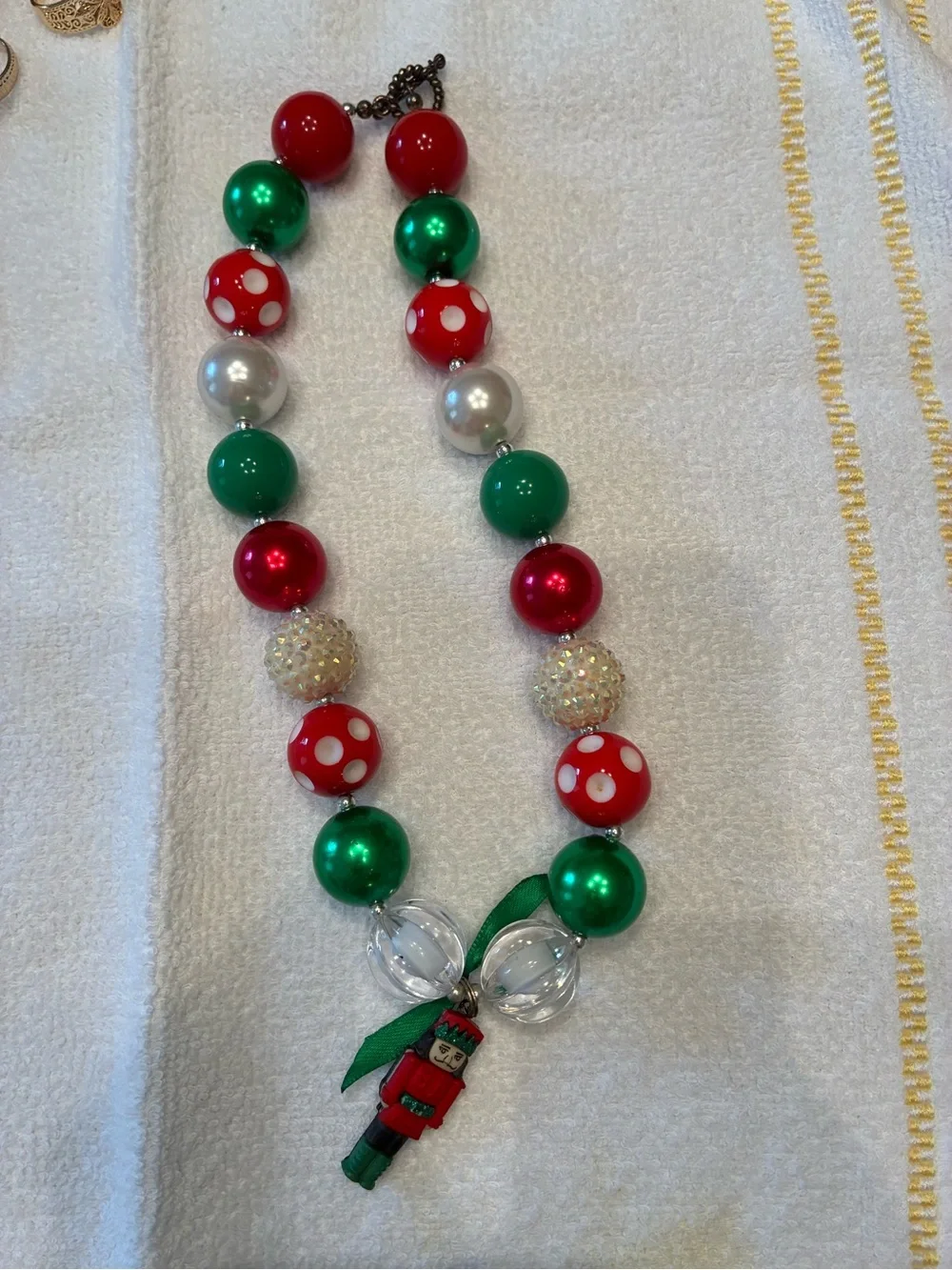 Women’s Holiday Bead Necklace with Nutcracker Charm - Red & Green